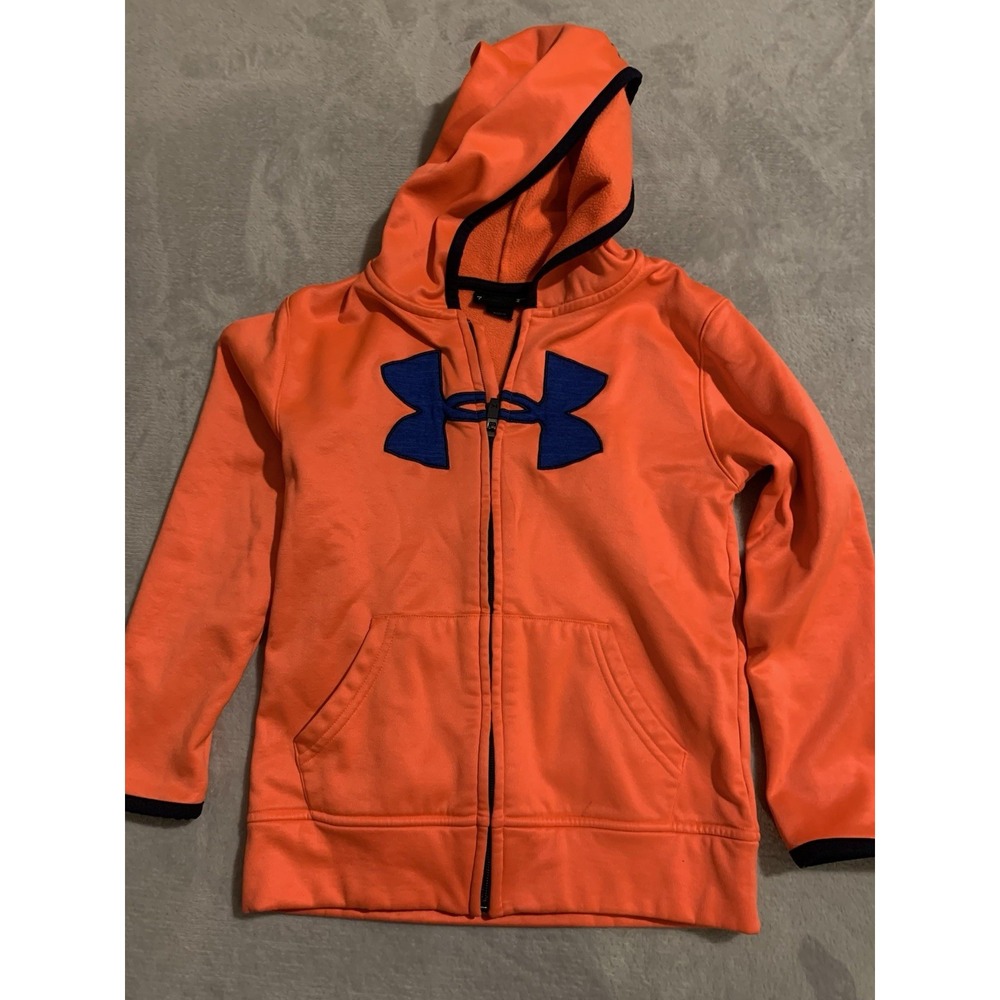 Under Armour Bright Orange Zip Up Hoodie Blue Logo on Chest Boys Youth‎ Size 7